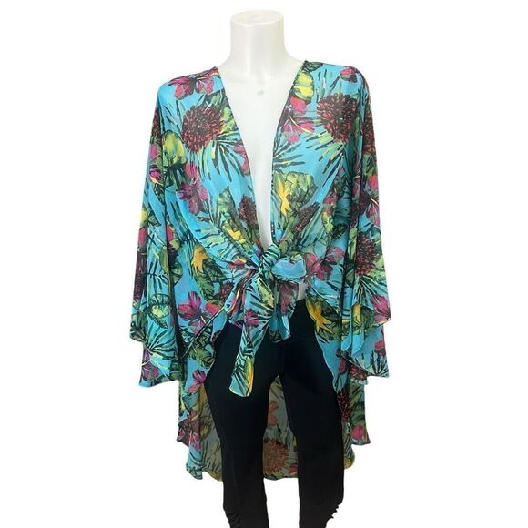 Steve Madden Floral Kimono Chiffon Lightweight Tie Front Cover Up ONE‎ SIZE New - Picture 1 of 7